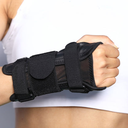 Black adjustable wrist brace with rigid steel plate, secured by hook-and-loop straps