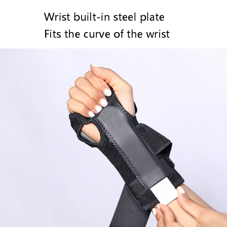 Black wrist brace with visible rigid steel plate insert and textured strap padding