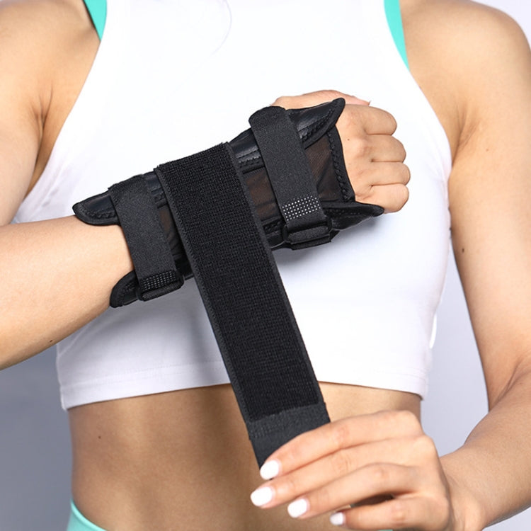 Black adjustable wrist brace with long wrap strap and rigid plate support on wrist