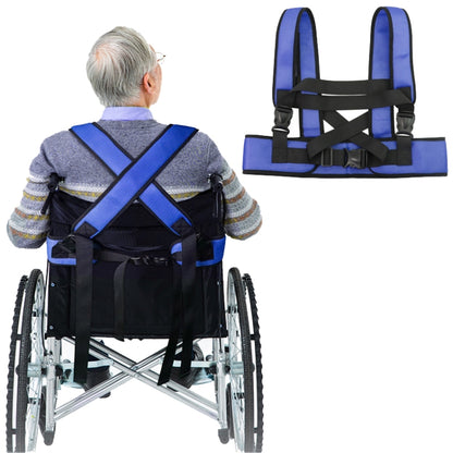 Blue wheelchair anti-fall seat belt with adjustable cross straps and shoulder pads