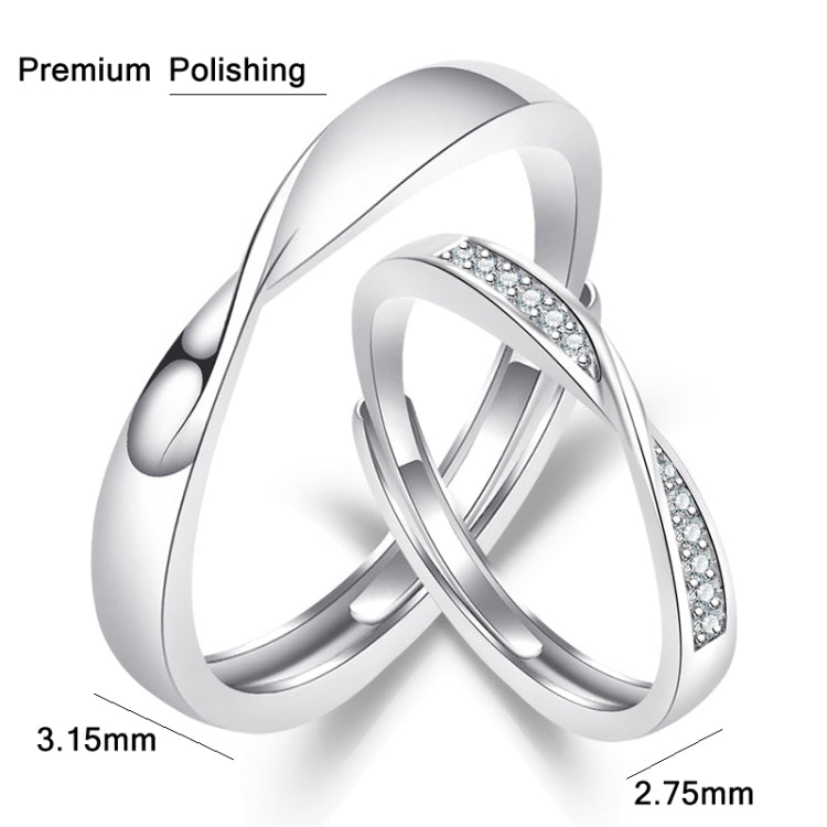 Couples mobius twist adjustable ring set, silver-tone bands, one with pavé stones