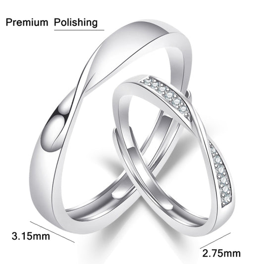 Couples mobius twist adjustable ring set, silver-tone bands, one with pavé stones