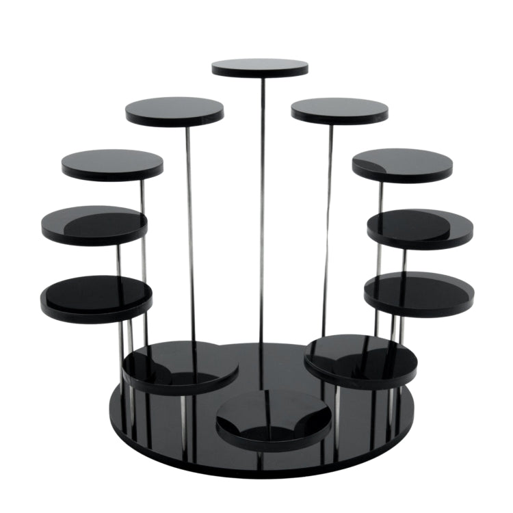 Black acrylic ring display stand with round top pegs and clear vertical rods