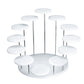 White acrylic ring display stand with round white pegs on metallic vertical rods
