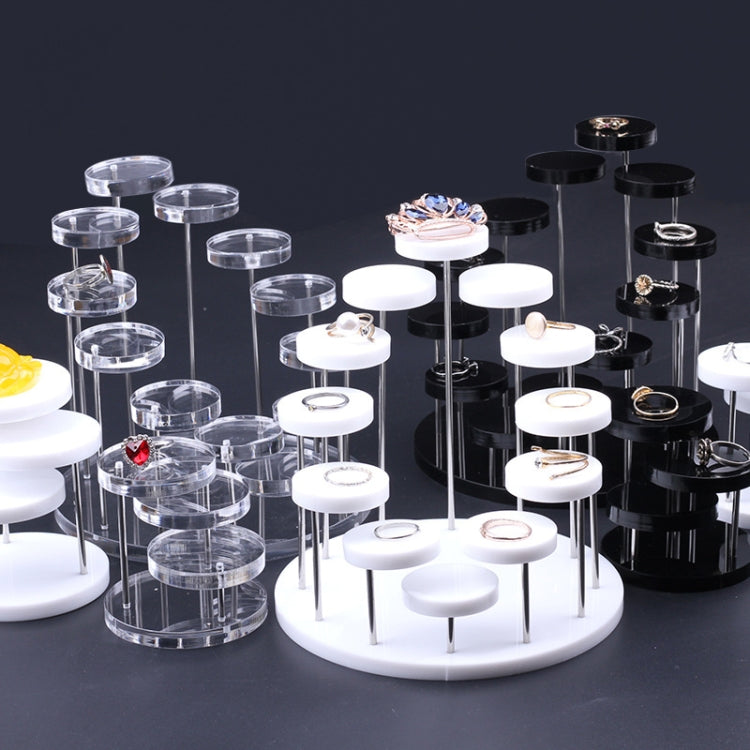 Mixed acrylic ring display set with clear, black, and white round-pegs stands