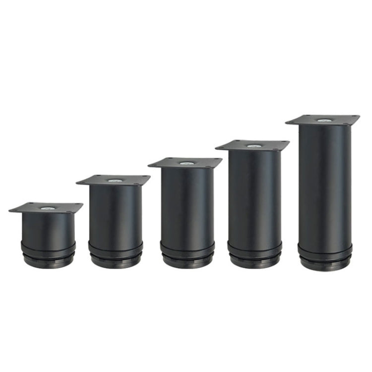 Set of matte black stainless steel furniture support legs with square bases, varying heights