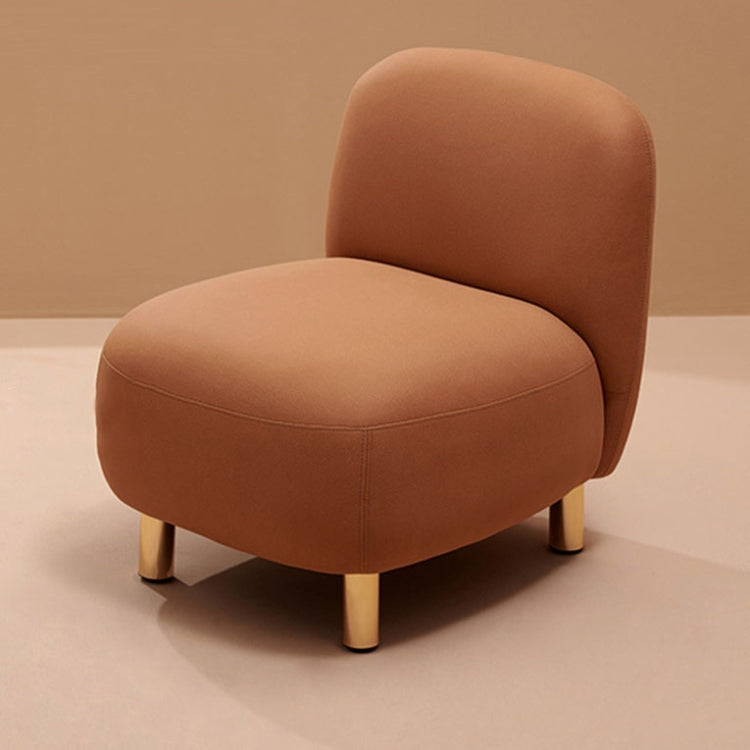 Upholstered armchair with stainless steel support legs, visible seat base and feet