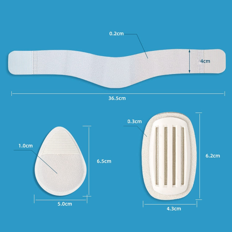 White foot pad insert with strap underside view and thickness measurement diagram