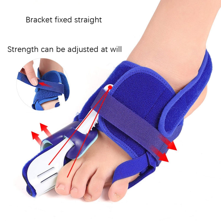 Blue big toe valgus splitter brace on foot with adjustable support straps