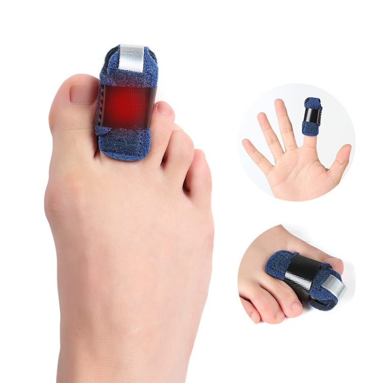 Blue toe sprain support brace with black strap and silver metal bar on a foot