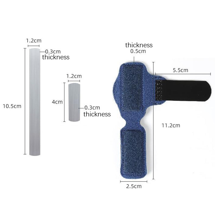 Blue and black toe brace with silver metal support piece, shown with size details