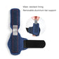 Blue toe brace with wear-resistant lining and black strap, with removable metal support