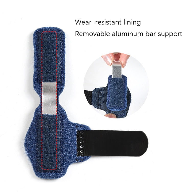 Blue toe brace with wear-resistant lining and black strap, with removable metal support