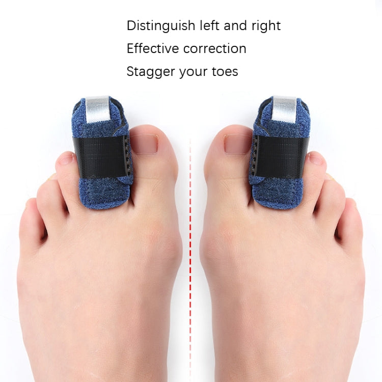Two feet wearing blue toe sprain support braces with black straps for left and right