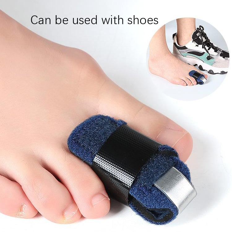 Side view of a blue toe sprain support brace on a toe with black strap and silver bar