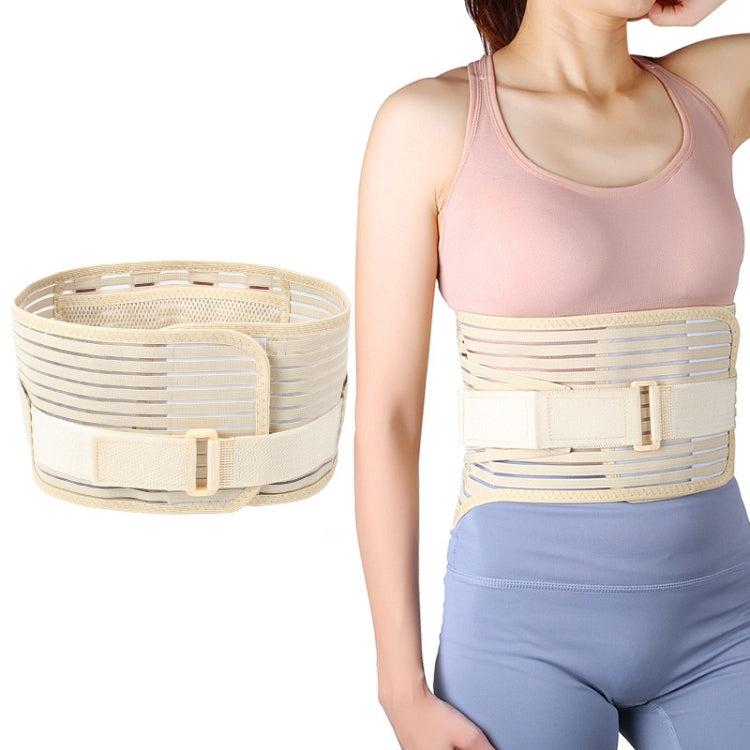 Beige postpartum waist trainer belt with hook-and-loop front closure, worn over leggings