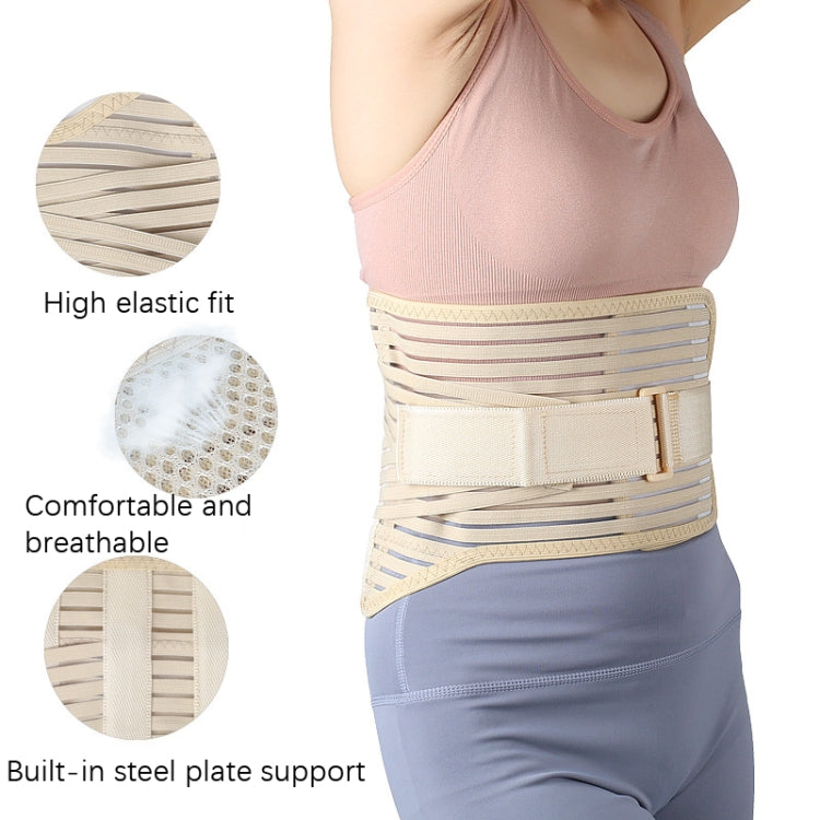 Beige postpartum waist trainer belt with compression bands, worn at the waist