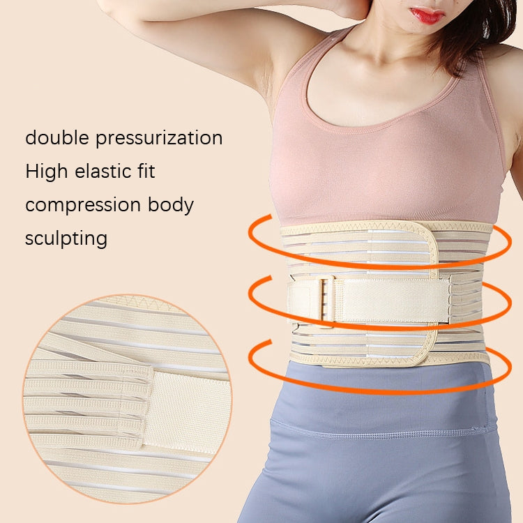 Beige waist trainer belt with layered compression bands and adjustable front closure