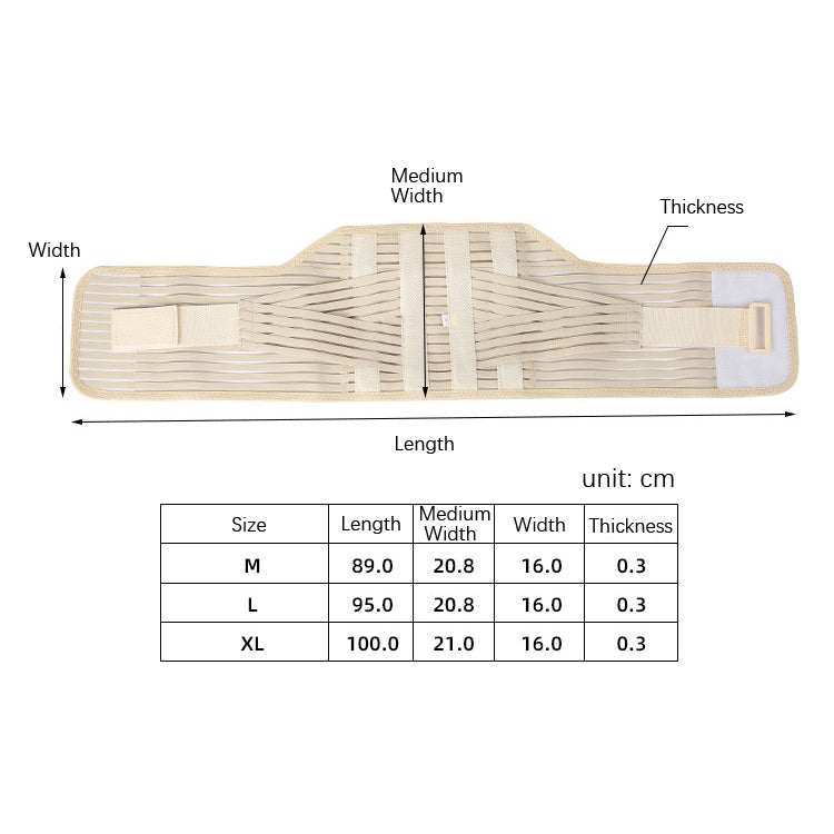 Waist trainer belt size chart with M, L, XL measurements for length, width, thickness