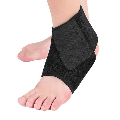 Black ankle support brace with wide wrap and hook-and-loop straps, worn on foot