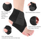 Black ankle brace with heel opening and padded closure panel, shown with detail inserts