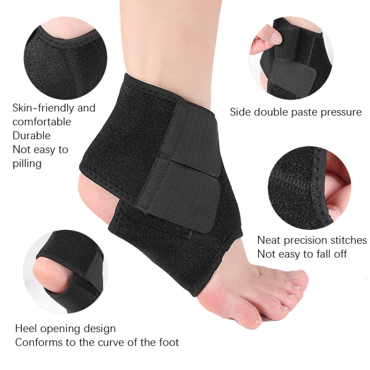 Black ankle brace with heel opening and padded closure panel, shown with detail inserts