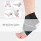 Black ankle support brace with strap, wraps around foot and lower leg for stability