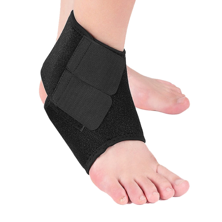 Black elastic ankle brace with firm front pad, wrapped around ankle joint