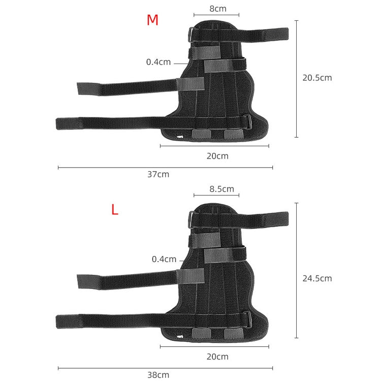 Finger splint brace size chart showing M and L measurements and straps