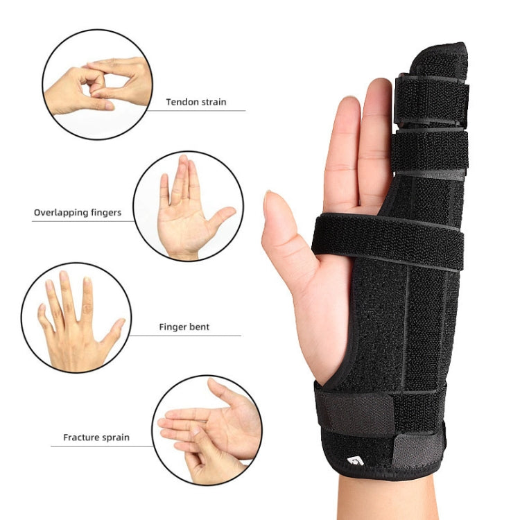 Black finger splint brace with straps, shown with hand tension and finger bend inserts