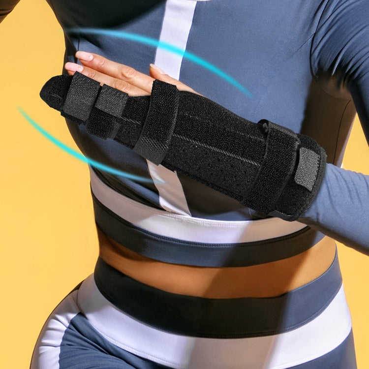 Black finger splint brace secured on wrist over a striped long-sleeve shirt