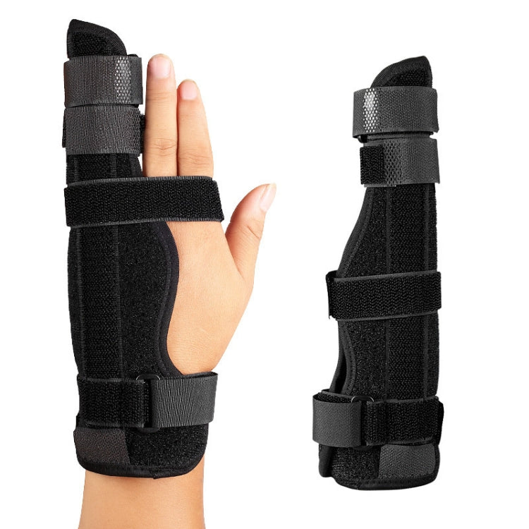 Black finger splint brace shown from front and side, with hook-and-loop straps