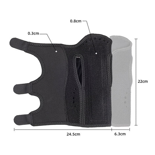Black wrist brace support sleeve with adjustable strap and curved cutout design