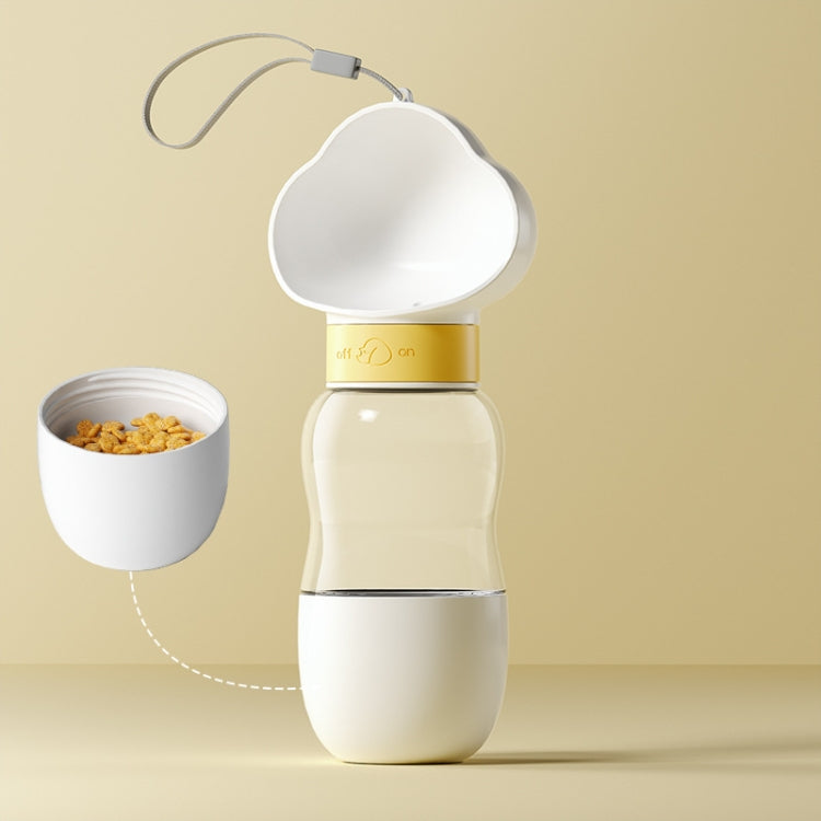 Portable pet water bottle with flip drinking cup, white and gold, 350ml