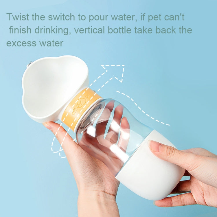 Portable pet water bottle with flip drinking cup, twist-pour feature shown