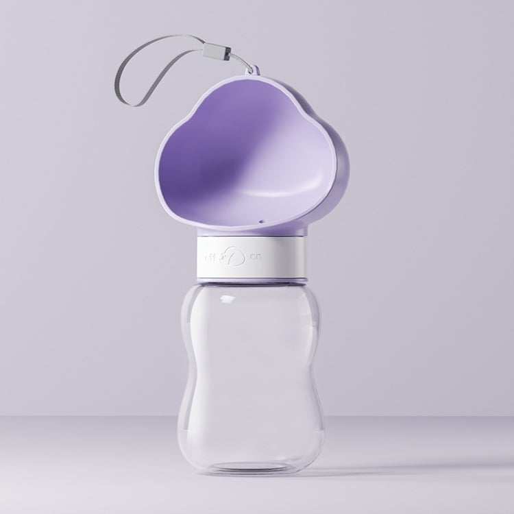 Portable pet water bottle with flip drinking cup, purple and white