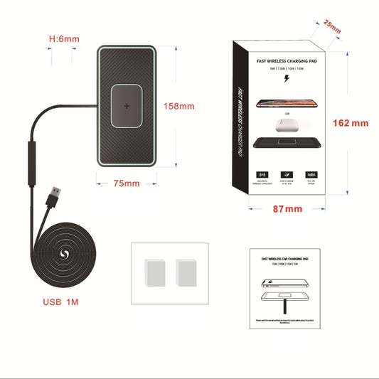 Car wireless charging anti-slip pad dimensions and included USB cable