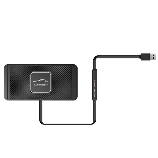 Black car wireless charging pad with anti-slip texture, logo center, with cable
