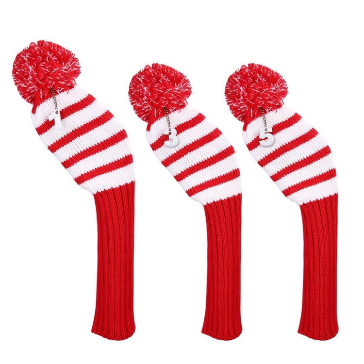 Red/white striped knitted golf club covers with pom-poms, 3-pack