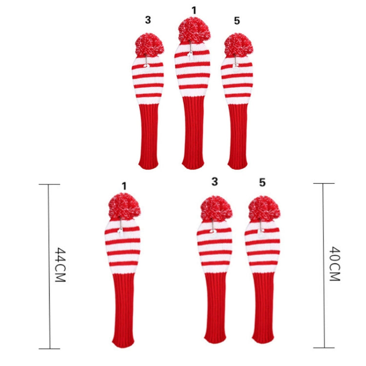 Red-and-white striped knitted golf club covers with pom-pom tops, set of 3