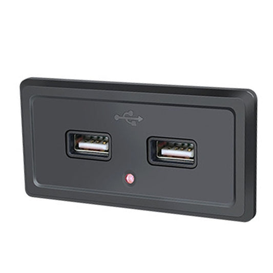 Dual USB car charger panel with two ports and a red indicator light