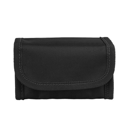 Black fabric waist bag with top flap and stitched edges