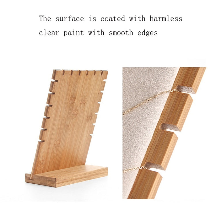 Bamboo jewelry display stand showing clear-coated smooth edges and chain hook