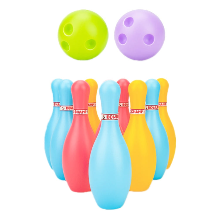 Plastic bowling toy set with colorful pins and two round grip balls (green, purple)