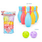 Plastic bowling toy set with multicolor pins, two balls, and packaged pieces