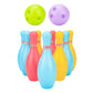 Plastic bowling toy set with colorful pins and two round balls (green, purple)