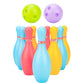 Plastic bowling toy set with colorful pins and two grip balls (green, purple)