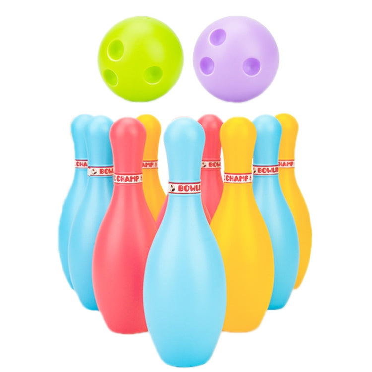 Plastic bowling toy set with colorful pins and two grip balls (green, purple)