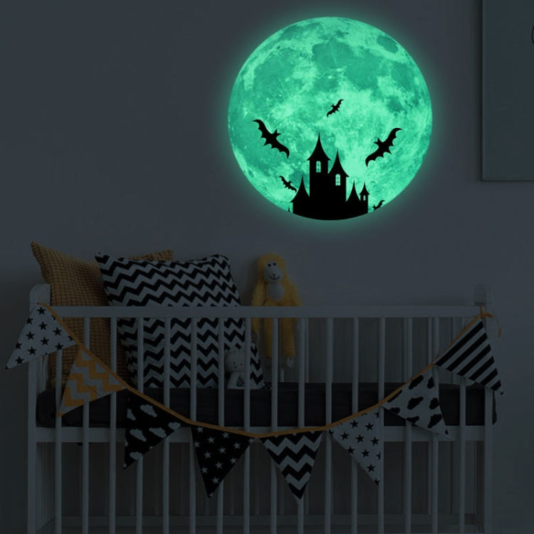 Glowing green moon wall sticker with a castle silhouette and bat-like figures