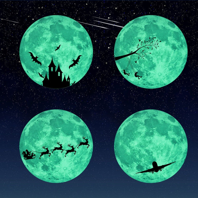 Set of 4 fluorescent green moon wall stickers: reindeer, castle, branch, airplane designs
